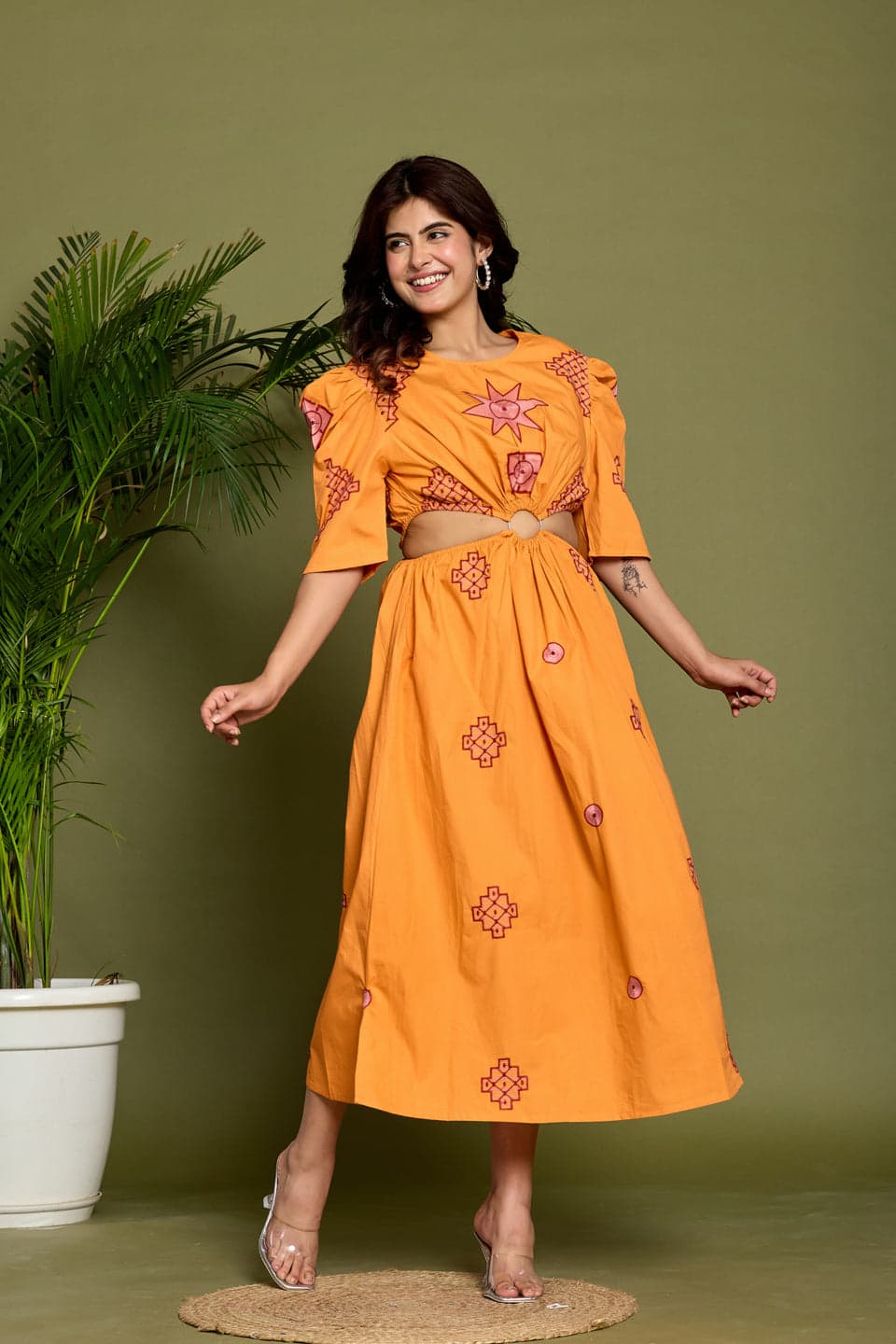 Women orange cotton embroidered a-line dres